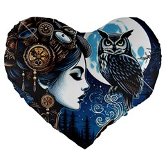 Steampunk Woman With Owl 2 Steampunk Woman With Owl Woman With Owl Strap Large 19  Premium Flano Heart Shape Cushions