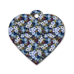 Blue Flowers Dark Blue Flowers Dog Tag Heart (two Sides)