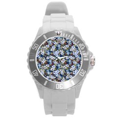 Blue Flowers Dark Blue Flowers Round Plastic Sport Watch (l)