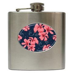 5902244 Pink Blue Illustrated Pattern Flowers Square Pillow Hip Flask (6 Oz)