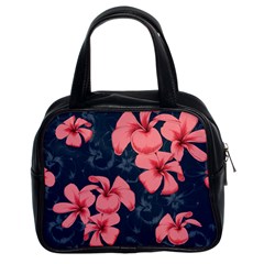 5902244 Pink Blue Illustrated Pattern Flowers Square Pillow Classic Handbag (two Sides)