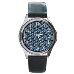 Blue Flowers 001 Round Metal Watch