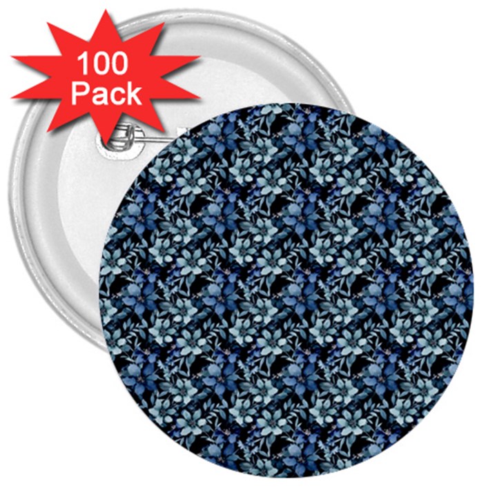 Blue Flowers 001 3  Buttons (100 pack) 