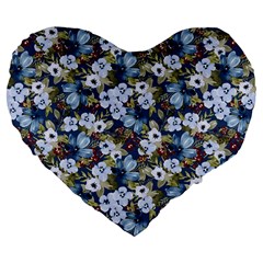 Blue Flowers 2 Large 19  Premium Flano Heart Shape Cushions