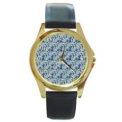 Blue Roses Round Gold Metal Watch