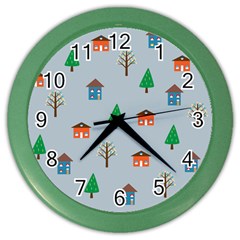 House Trees Pattern Background Color Wall Clock