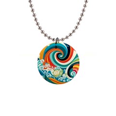 Waves Ocean Sea Abstract Whimsical 1  Button Necklace