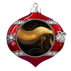 Abstract Gold Wave Background Metal Snowflake And Bell Red Ornament by Maspions