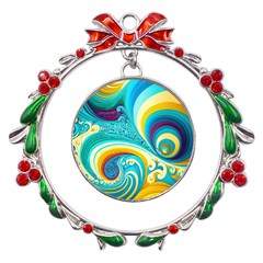 Abstract Waves Ocean Sea Whimsical Metal X mas Wreath Ribbon Ornament