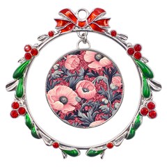 Vintage Floral Poppies Metal X mas Wreath Ribbon Ornament