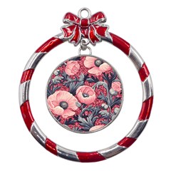 Vintage Floral Poppies Metal Red Ribbon Round Ornament