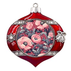 Vintage Floral Poppies Metal Snowflake And Bell Red Ornament