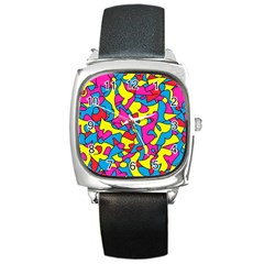 Colorful-graffiti-pattern-blue-background Square Metal Watch