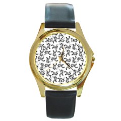 Erotic Pants Motif Black And White Graphic Pattern Black Backgrond Round Gold Metal Watch