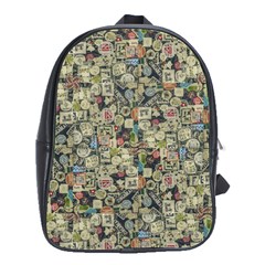 Sticker Collage Motif Pattern Black Backgrond School Bag (large)