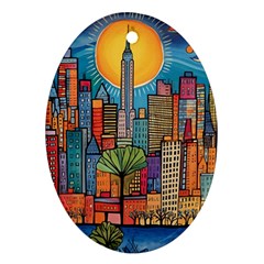 City New York Nyc Skyscraper Skyline Downtown Night Business Urban Travel Landmark Building Architec Oval Ornament (two Sides)