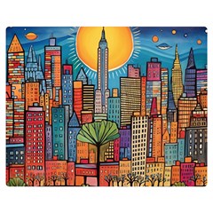 City New York Nyc Skyscraper Skyline Downtown Night Business Urban Travel Landmark Building Architec Premium Plush Fleece Blanket (medium)