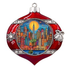 City New York Nyc Skyscraper Skyline Downtown Night Business Urban Travel Landmark Building Architec Metal Snowflake And Bell Red Ornament by Posterlux