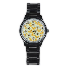 Bees Pattern Honey Bee Bug Honeycomb Honey Beehive Stainless Steel Round Watch