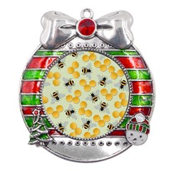 Bees Pattern Honey Bee Bug Honeycomb Honey Beehive Metal X mas Ribbon With Red Crystal Round Ornament