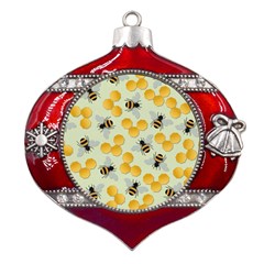 Bees Pattern Honey Bee Bug Honeycomb Honey Beehive Metal Snowflake And Bell Red Ornament