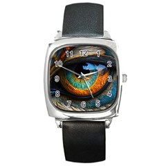 Eye Bird Feathers Vibrant Square Metal Watch