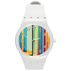 Colorful Rainbow Striped Pattern Stripes Background Round Plastic Sport Watch (m)