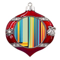 Colorful Rainbow Striped Pattern Stripes Background Metal Snowflake And Bell Red Ornament