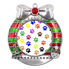 Pawprints Paw Prints Paw Animal Metal X mas Ribbon With Red Crystal Round Ornament