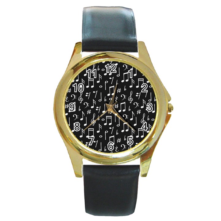 Chalk Music Notes Signs Seamless Pattern Round Gold Metal Watch