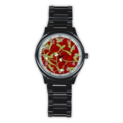 Mistletoe Christmas Texture Advent Stainless Steel Round Watch by Hannah976