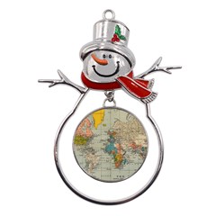 Vintage World Map Metal Snowman Ornament