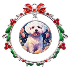 Cute Puppy With Flowers Metal X mas Wreath Ribbon Ornament