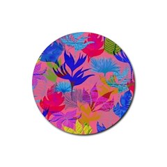 Pink And Blue Floral Rubber Round Coaster (4 Pack)