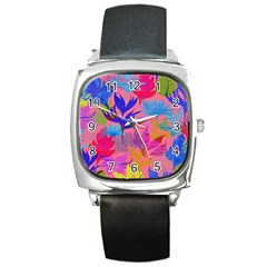 Pink And Blue Floral Square Metal Watch