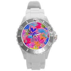 Pink And Blue Floral Round Plastic Sport Watch (l)