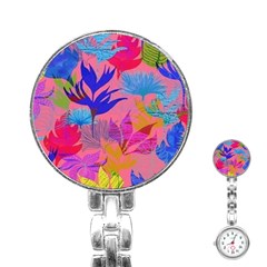 Pink And Blue Floral Stainless Steel Nurses Watch