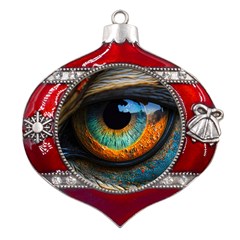 Eye Bird Feathers Vibrant Metal Snowflake And Bell Red Ornament