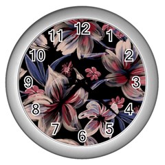 Flowers Floral Pattern Design Wall Clock (silver)