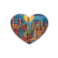 City New York Nyc Skyscraper Skyline Downtown Night Business Urban Travel Landmark Building Architec Rubber Heart Coaster (4 Pack)