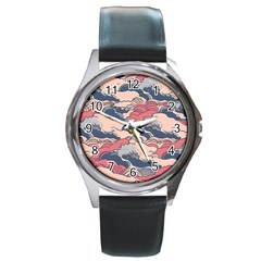 Waves Ocean Sea Water Pattern Rough Seas Digital Art Nature Nautical Round Metal Watch