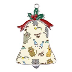 Happy Cats Pattern Background Metal Holly Leaf Bell Ornament