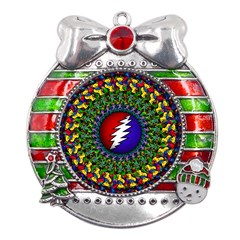 Grateful Dead Bear Pattern Metal X mas Ribbon With Red Crystal Round Ornament