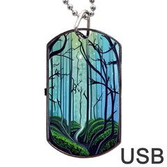 Nature Outdoors Night Trees Scene Forest Woods Light Moonlight Wilderness Stars Dog Tag Usb Flash (two Sides)