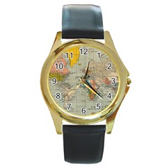 Vintage World Map Round Gold Metal Watch