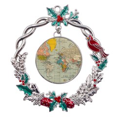 Vintage World Map Metal X mas Wreath Holly Leaf Ornament