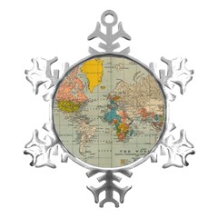 Vintage World Map Metal Small Snowflake Ornament