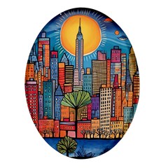 City New York Nyc Skyscraper Skyline Downtown Night Business Urban Travel Landmark Building Architec Oval Glass Fridge Magnet (4 Pack) by Posterlux