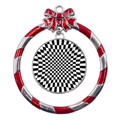 Illusion Checkerboard Black And White Pattern Metal Red Ribbon Round Ornament by Ravend