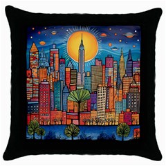 City New York Nyc Skyscraper Skyline Downtown Night Business Urban Travel Landmark Building Architec Throw Pillow Case (black)